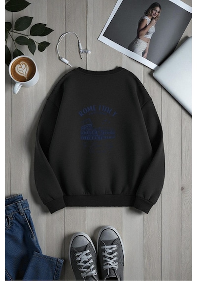 Uyguntarz Unisex Rome Itally Tasarım Baskılı Bisiklet Yaka Sweatshirt siyah