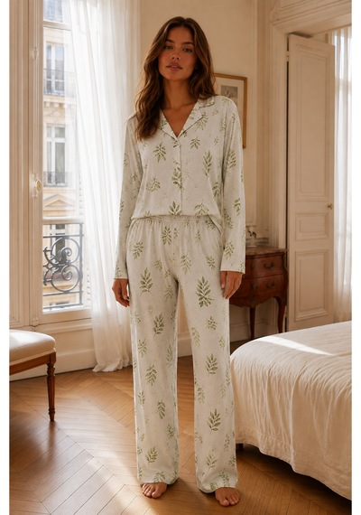 Kadın Relax Fit Düğme Çağla Yeşili Pijama Takımı