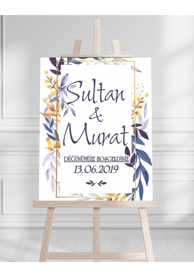 Söz Nişan Düğün İçin 50x70 Karşılama Panosu - Mavi Renk Çiçek Temalı 04 Beyaz