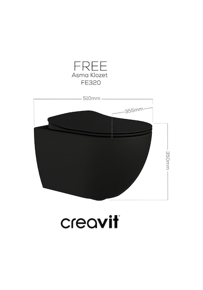 Creavit Free Mat Siyah Kanallı Asma Klozet Fe320, Creavit Duck Duroplast Yavaş Kapak Mat Siyah