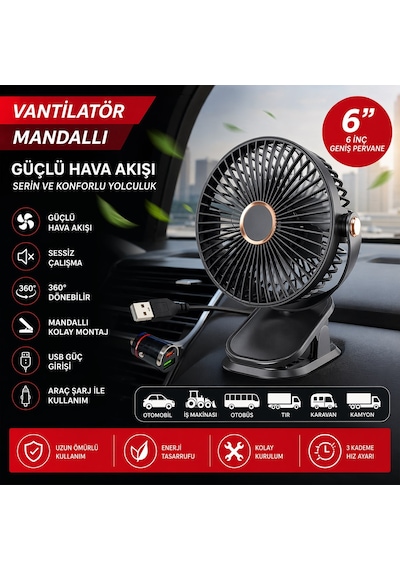 Mandallı Araç İçi Vantilatör 6 İnç 360 Dönebilen Usb Ve Çakmaklık Uyumlu Sessiz Fan