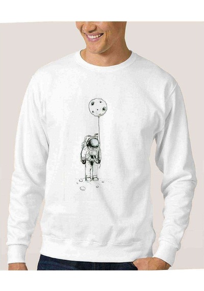 Astronot Balon Ay Baskılı Beyaz Erkek Örme Sweatshirt