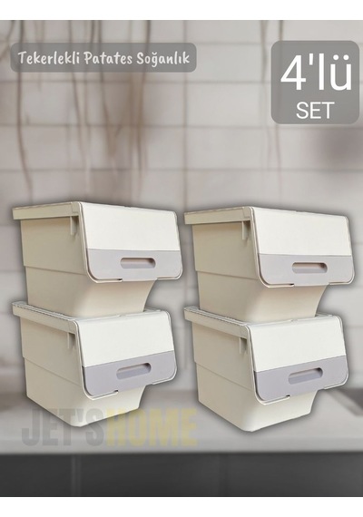 4 Lü Tekerlekli Patateslik Soğanlık Bpa Free Erzak Kutusu Oyuncaklık Sebzelik Krem 48 Litre Krem