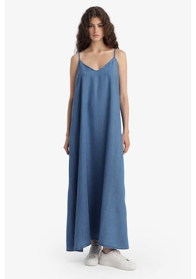 Defacto Fashion Fit Akışkan Kumaş İnce Askılı Maxi Elbise D8258AX25SM Mavi