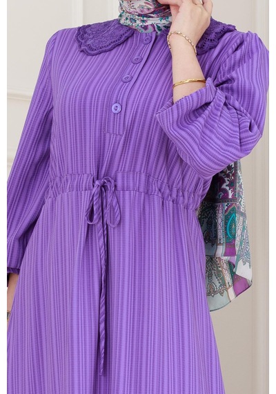 Sevitli Yakası Güpür Nova Elbise-lila-5031 Lila