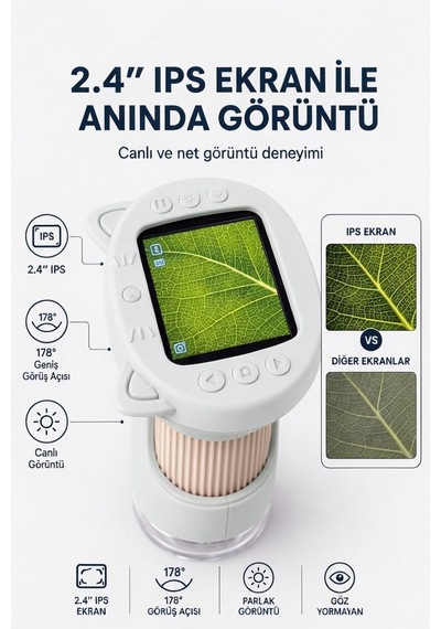 4berry Taşınabilir Fotoğraf Çekebilen Dijital Mikroskop 1000x 2.4 Ips Ekran, 2 Mp Kamera, 8 Led Işık, Type-c Şarjlı Beyaz