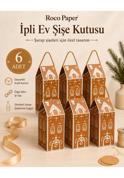 Yılbaşı Ev Tasarımlı Kraft Şişe Kutusu, Dekoratif Yeniyıl Temalı Parti Hediye Çantası, 6lı Paket