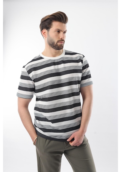 Madmext Siyah Bisiklet Yaka Çizgili Erkek T-shirt E7118 Siyah