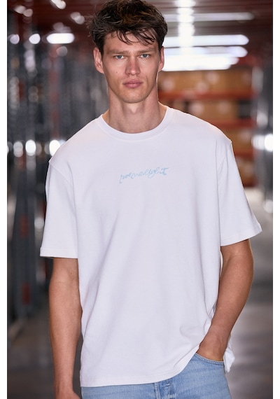 Grimelange Saımon Erkek %100 Organik Pamuklu Yuvarlak Yakalı Nakış Detaylı Regular Fit Ekru T-shirt