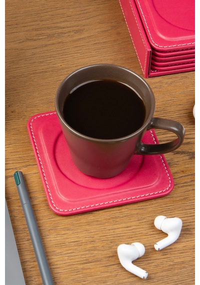 Bardak Altlığı,6 Lı Set,masaüstü Yuvarlak Cup Coaster,vegan Suni Deri,11x11 Cm.,fuşya Fuşya