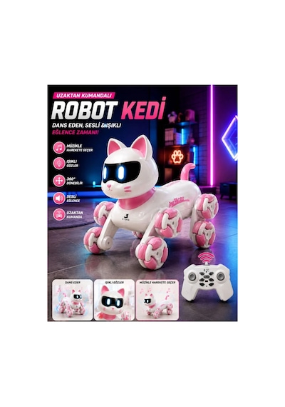 Uzaktan Kumandalı Led Işıklı Ses Efektli 360 Hareket Eden Oyuncak Akıllı Robot Kedi 23 Cm