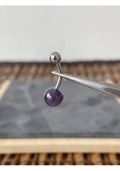 %100 Cerrahi Çelik Doğal Ametis Taşlı Çelik Göbek Piercingi Gümüş