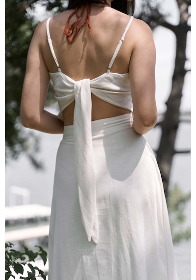 Mai Collection Mai Studios Co. Kita Üçgen Detay Çizgili Ekru Keten Crop Ekru
