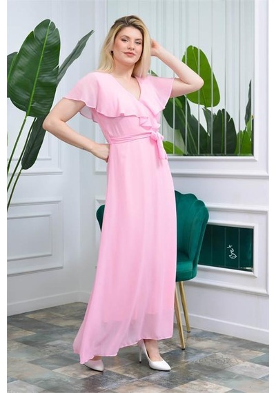 Dip Moda Kadın Melek Kol Uzun Şifon Elbise Dpnb0001 Pudra