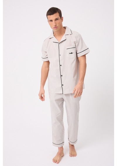 L'espadon Marısılk Seastrıpe Erkek Dokuma Yazlık Kısa Kollu Pantolonlu Pijama & Lounge Takımı-3193 Bej