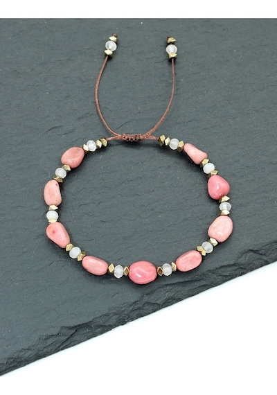 Sertifikalı Pembe Kuvars, Rodonit Ve Hematit Doğal Taşlı Kadın Bileklik / Bronz Gold Pembe