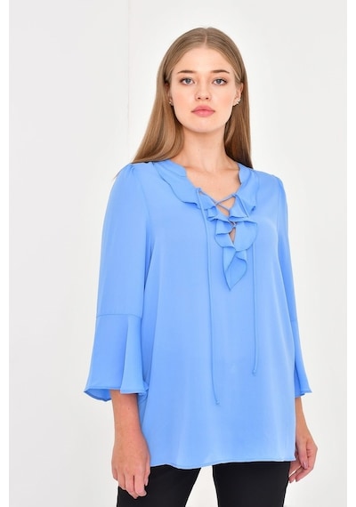 Myline Kadın Önü Ve Kolları Volanlı Bluz 45838 Mavi