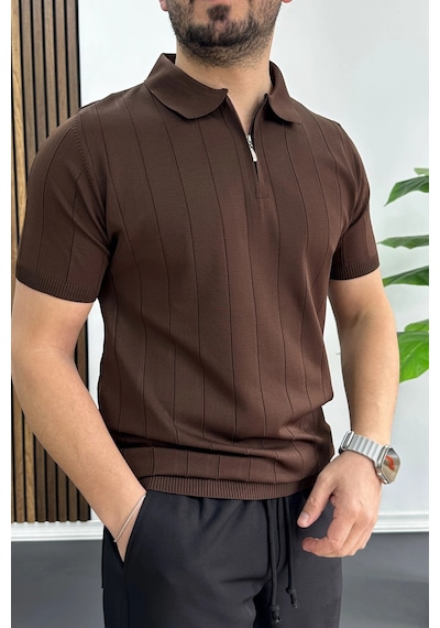 Erkek Slim Fit Fermuarlı Polo Yaka Tişört Kahverengi Edw452 Kahverengi