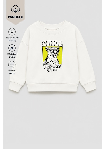 Monila Erkek Çocuk 3 İplik Kumaş Leopar Baskılı Pamuklu Sweatshirt Ekru