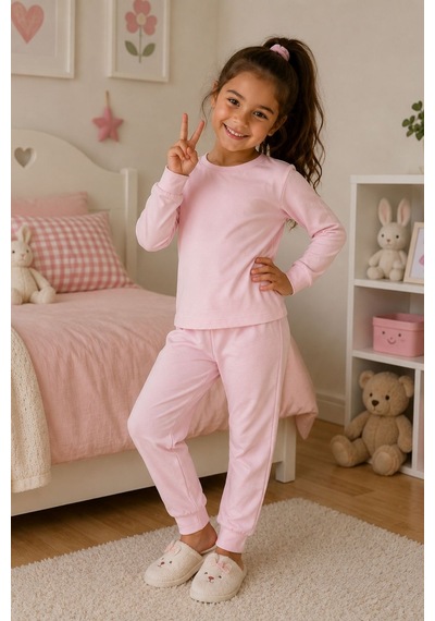 Zuzunga Soft Pink %100 Pamuk Basic Kız Çocuk Pijama Takımı Pembe