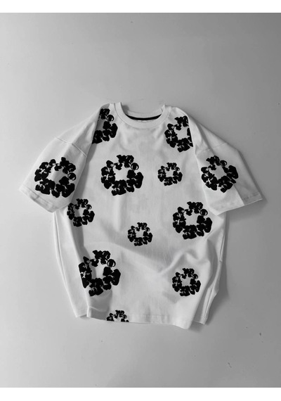 Barlashive Erkek Tişört Ön Ve Arka Baskılı Oversize Bisiklet Yaka T-shirt- Beyaz Çok Renkli