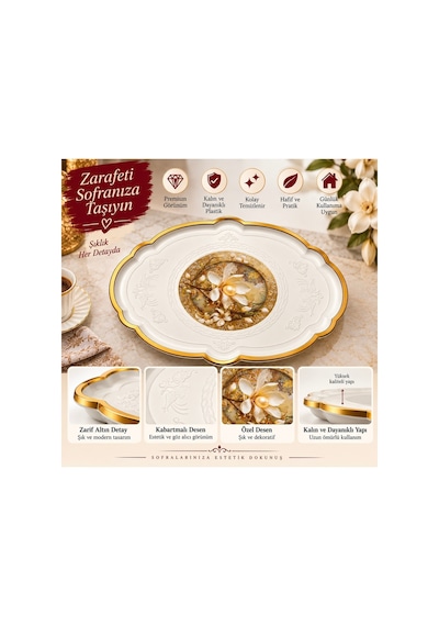 2 Li Büyük Boy Gold Dekoratif Sunum Tepsisi Seti 48x38 / 36x27,5 Cm Kalın Dayanıklı Plastik Çay Kahve Servis İkram Tepsisi 5 Farklı Model Bej