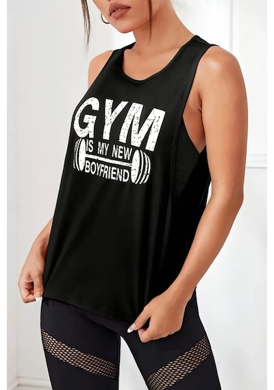 Ghassy Co. Kadın Gym Baskılı Nefes Alabilen Fitness Yoga Koşu Kolsuz Spor Atlet Siyah