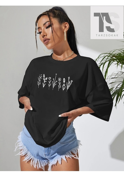 Startmore Çiçek Desenli Düşük Omuz Oversize Tişört Beyaz