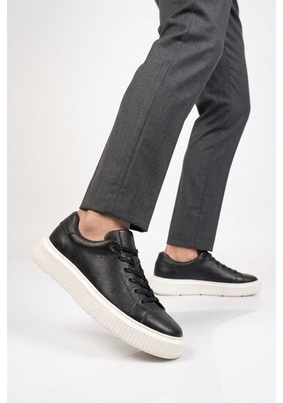 Komcero Kauçuk Tabanlı Bağcıklı Sneaker Siyah-beyaz Hakiki Deri Erkek Casual Ayakkabı Hz1458-2049
