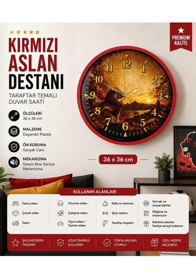 Kırmızı Aslan Destanı Taraftar Temalı 36 X 36 Cm Duvar Saati