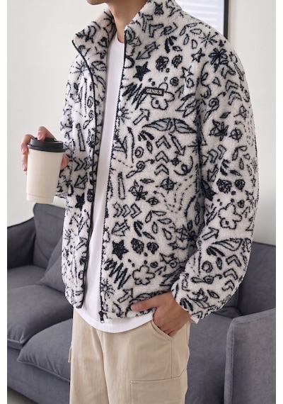 Genius Store Oversize Peluş Tam Fermuarlı Sweatshirt Peluş İçi Polarlı Sherpa Kumaş Sweatshirt Yıldız
