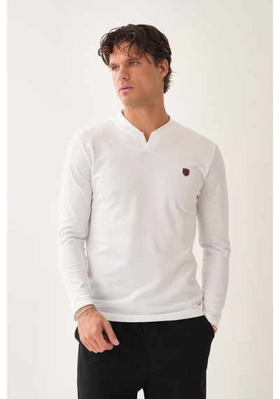 V Yaka Yırtmaç Detaylı Uzun Kollu T-shirt Beyaz