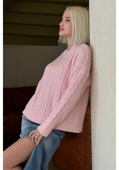 Madmext Pembe Bisiklet Yaka Örgü Desenli Kadın Triko Kazak Mg2520 Pembe