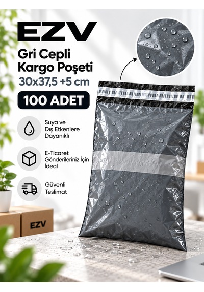 Gri Cepli Kargo Poşeti 30x37,5 +5 Cm 100 Adet