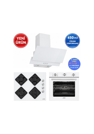 Alveus AFM Serisi Wh1 Turbo 6 Prog. Beyaz Cam 3'Lü Ankastre Set Fırın + Ocak + Davlumbaz