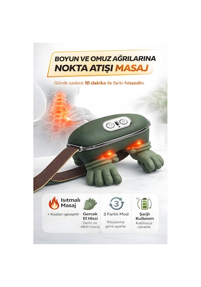 Smayling Gerçek El Hissi Boyun Ve Omuz Masaj Aleti Isıtmalı Şarjlı Kablosuz Masaj Cihazı 3 Modlu Derin Doku Masajı Yeşil