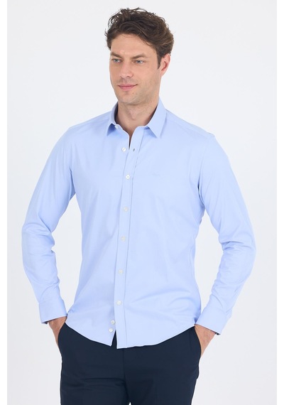 İmza Uzun Kol Düz Bez Ayağı Sert Yaka Cepsiz Pamuklu Classic Slim Fit Gömlek 1004250211 Mavi