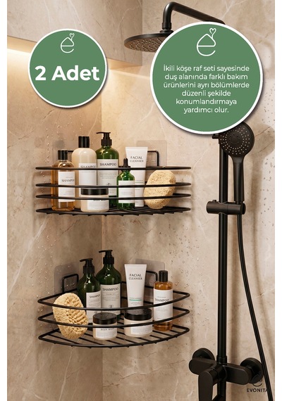 2li Yapışkanlı Banyo Köşeliği Duş Rafı Şampuanlık Köşe Organizer Metal Siyah Delmeden