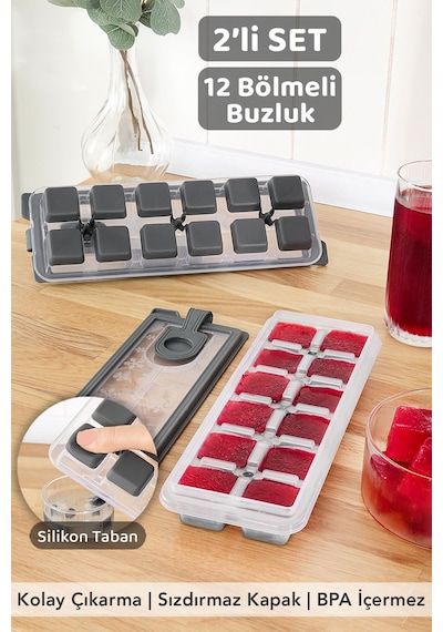 2 Adet Silikon Bas Çıkar Buzluk - 12 Hazneli Kapaklı Yapışmaz Silikon Kokteyl Sunum Buz Kalıbı Gri