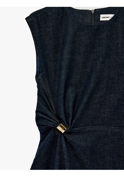 Koton Kolsuz Bisiklet Yaka Arkası Yırtmaçlı Metal Aksesuarlı Midi Denim Elbise Koyu İndigo 6sal80004md Indigo