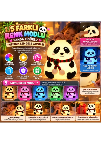 5 Farklı Renk Modlu Panda Figürlü Pofuduk Led Gece Lambası Yumuşak Dokulu Çocuk Odası Ve Dekoratif Şarjlı Ort -