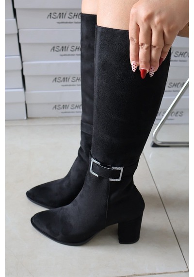 Asmi Shoes Kadın Lamor Siyah Süet Topuklu Yandan Fermuarlı Diz Altı Çizme 410
