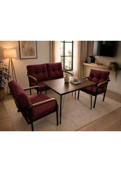 Loft Tarzı Düz Minderli Metal Oturma Grubu Kafe Balkon Konsept Koltuk Takımı Bordo Loft Tarzı Düz Minderli Metal Oturma Grubu Kafe Balkon Konsept Koltuk Takımı Bordo