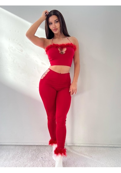 Pink Life Kırmızı Kalp Aksesuarlı Tüy Detaylı İkili Takım Kırmızı