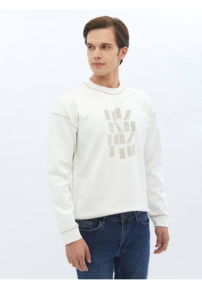 Kip Ekru Bisiklet Yaka Baskılı Sweatshırt Ekru