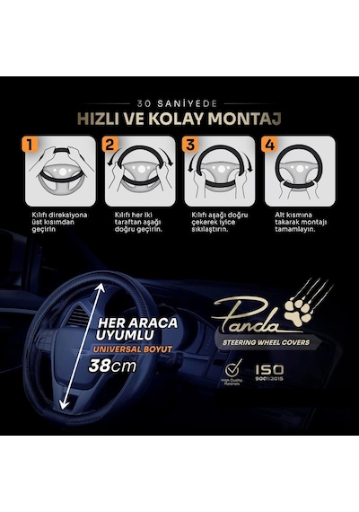 Panda Oto Direksiyon Kılıfı - Delikli Deri / Velucantra Kumaş-siyah
