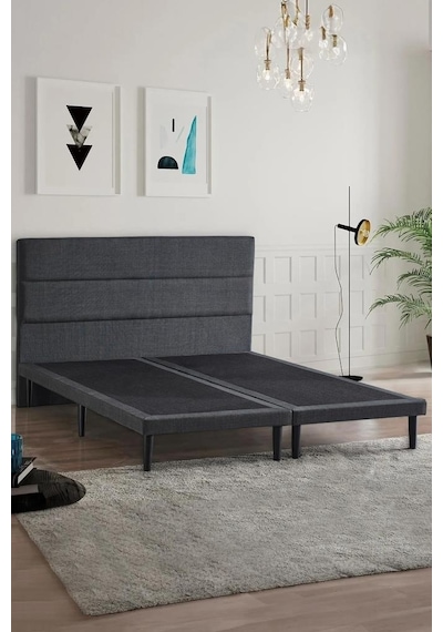 Niron Slim Baza Ve Başlık Takımı 140x190 Çift Kişilik Gri Kumaş Kaplı Metal Karyola Ve Başlık Seti