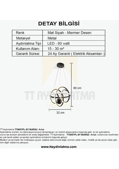 Tt005Tpl-Sy Tt Aydınlatma Burgu Modeli Mat Siyah Mermer Desen Top