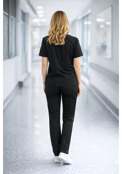 Likralı Hemşire Doktor Forması Premium Belinda Soft Kumaş Scrubs Hastane Üniforması Cerrahi Takım Siyah