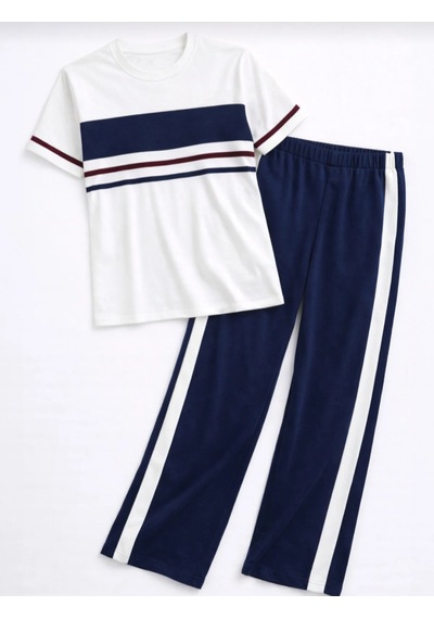 Mihra Kadın Şerit Detaylı Kısa Kollu Premium Modal Pijama Lacivert